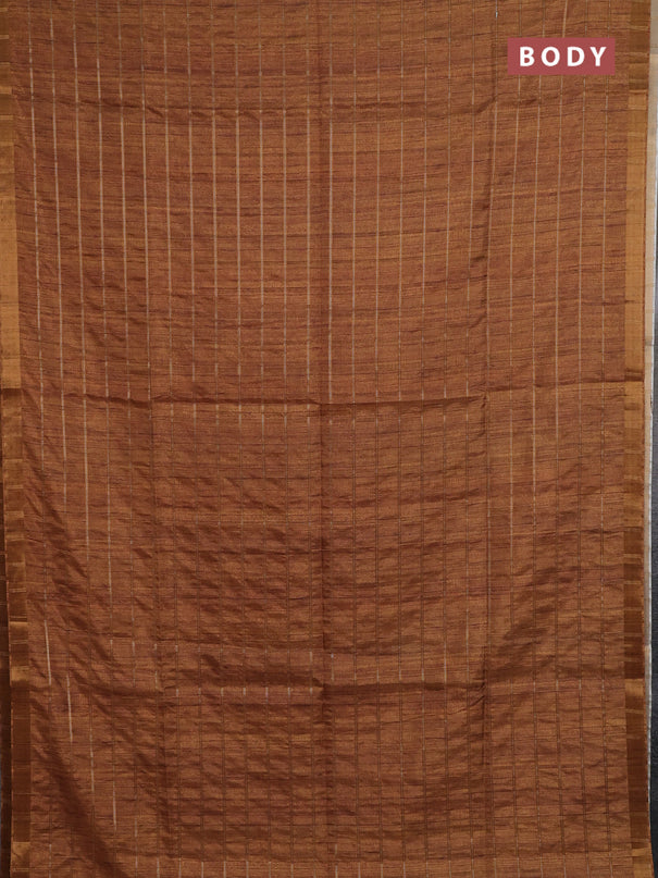 Semi tussar saree mustard yellow and beige with allover zari checked pattern and kalamkari printed pallu