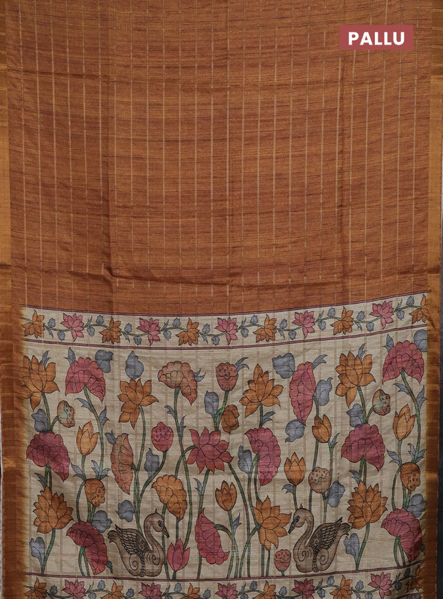Semi tussar saree mustard yellow and beige with allover zari checked pattern and kalamkari printed pallu