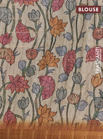 Semi tussar saree mustard yellow and beige with allover zari checked pattern and kalamkari printed pallu