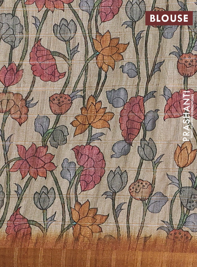 Semi tussar saree mustard yellow and beige with allover zari checked pattern and kalamkari printed pallu