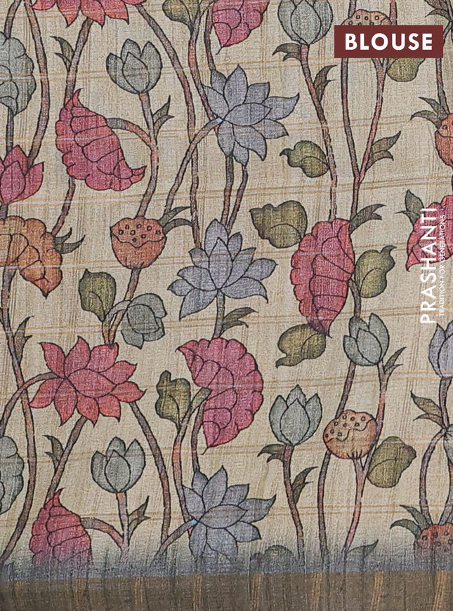 Semi tussar saree grey and beige with allover zari checked pattern and kalamkari printed pallu