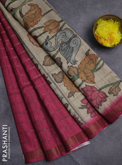 Semi tussar saree pink and beige with allover zari checked pattern and kalamkari printed pallu