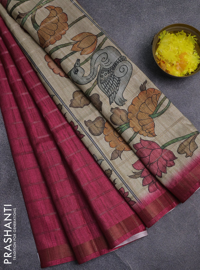 Semi tussar saree pink and beige with allover zari checked pattern and kalamkari printed pallu