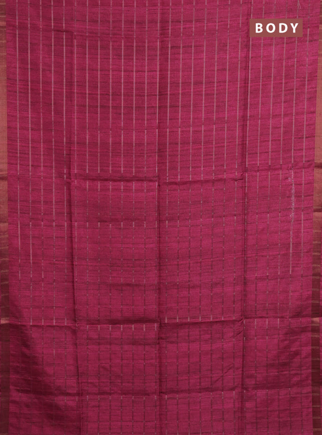 Semi tussar saree pink and beige with allover zari checked pattern and kalamkari printed pallu