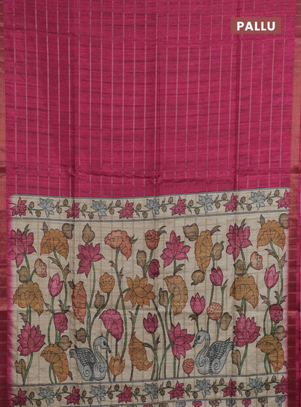 Semi tussar saree pink and beige with allover zari checked pattern and kalamkari printed pallu