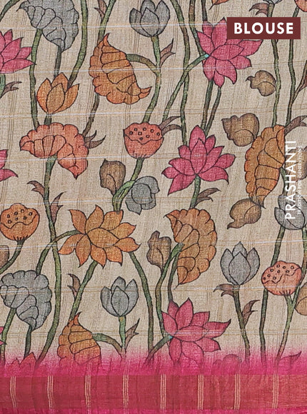 Semi tussar saree pink and beige with allover zari checked pattern and kalamkari printed pallu