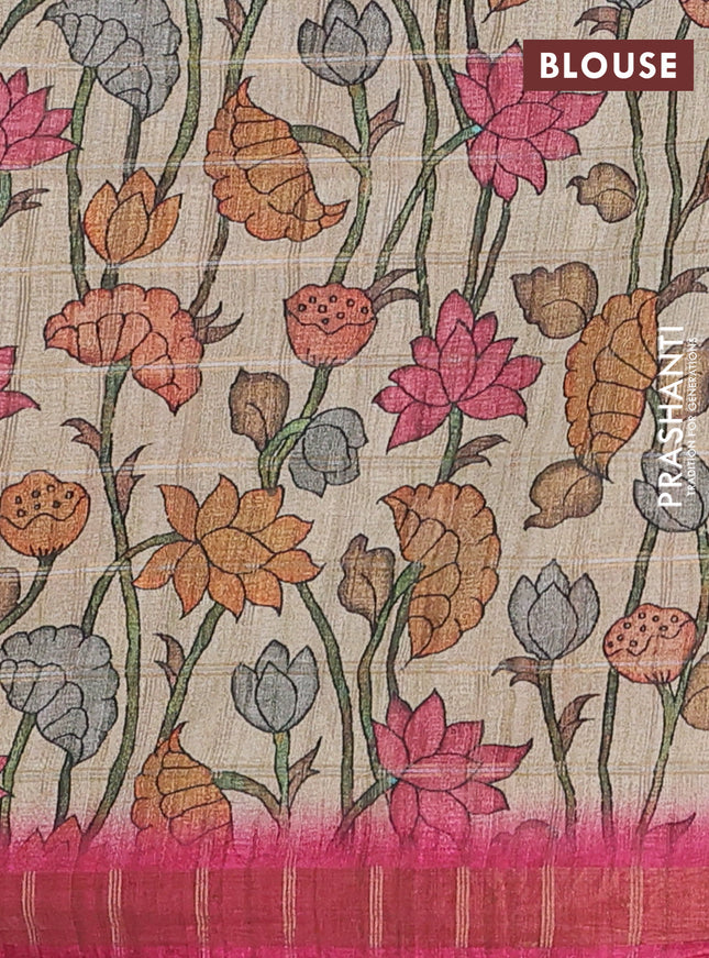 Semi tussar saree pink and beige with allover zari checked pattern and kalamkari printed pallu
