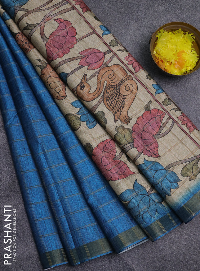Semi tussar saree cs blue and beige with allover zari checked pattern and kalamkari printed pallu