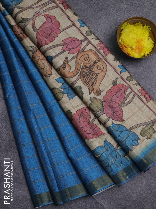 Semi tussar saree cs blue and beige with allover zari checked pattern and kalamkari printed pallu