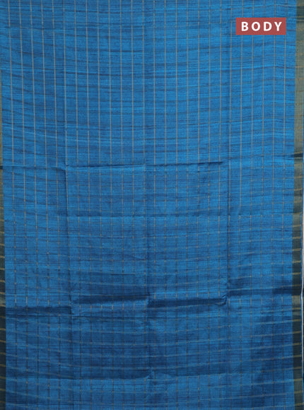 Semi tussar saree cs blue and beige with allover zari checked pattern and kalamkari printed pallu