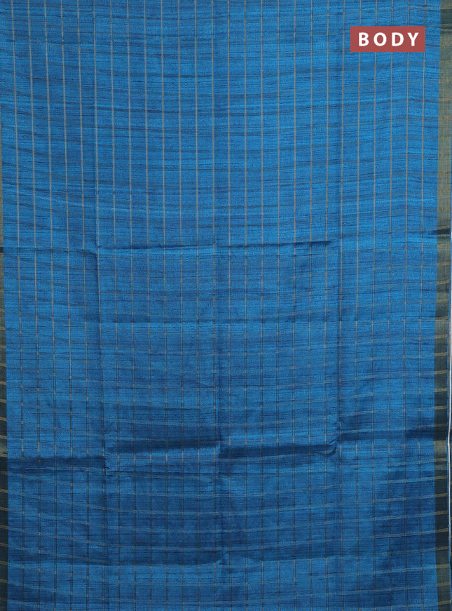 Semi tussar saree cs blue and beige with allover zari checked pattern and kalamkari printed pallu