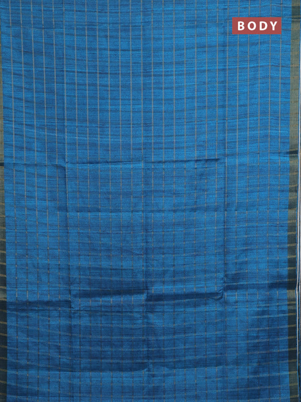 Semi tussar saree cs blue and beige with allover zari checked pattern and kalamkari printed pallu