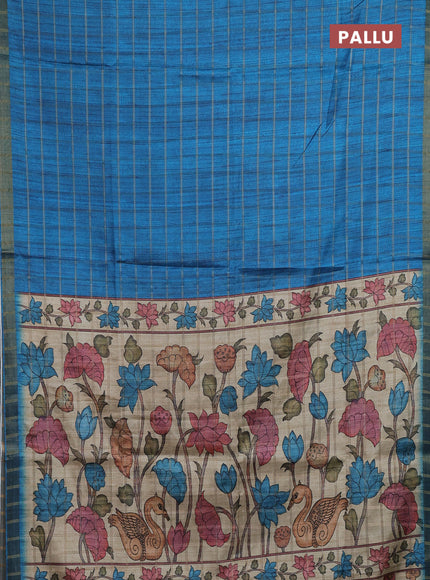 Semi tussar saree cs blue and beige with allover zari checked pattern and kalamkari printed pallu