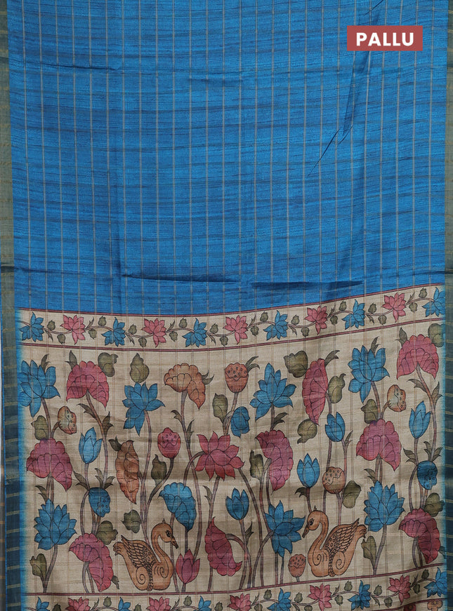 Semi tussar saree cs blue and beige with allover zari checked pattern and kalamkari printed pallu
