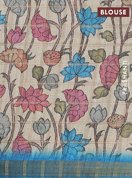 Semi tussar saree cs blue and beige with allover zari checked pattern and kalamkari printed pallu