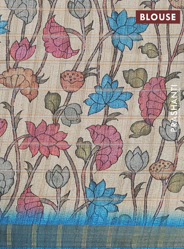 Semi tussar saree cs blue and beige with allover zari checked pattern and kalamkari printed pallu
