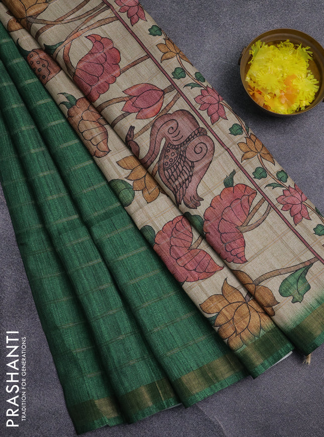 Semi tussar saree green and beige with allover zari checked pattern and kalamkari printed pallu