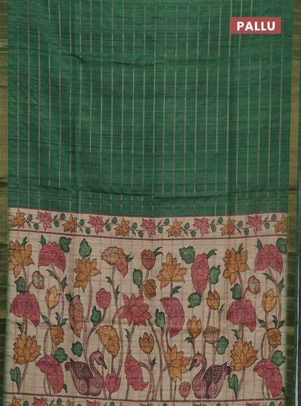 Semi tussar saree green and beige with allover zari checked pattern and kalamkari printed pallu