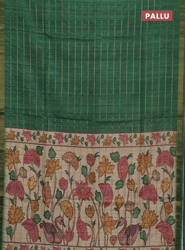 Semi tussar saree green and beige with allover zari checked pattern and kalamkari printed pallu