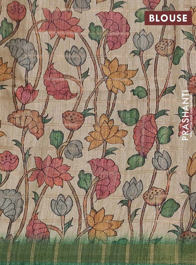 Semi tussar saree green and beige with allover zari checked pattern and kalamkari printed pallu