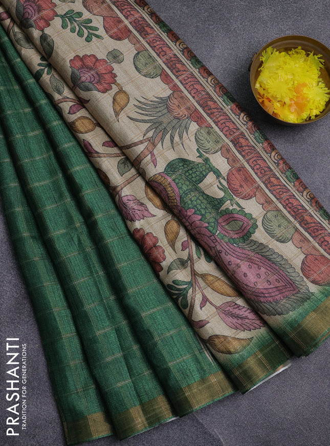 Semi tussar saree green and beige with allover zari checked pattern and kalamkari printed pallu