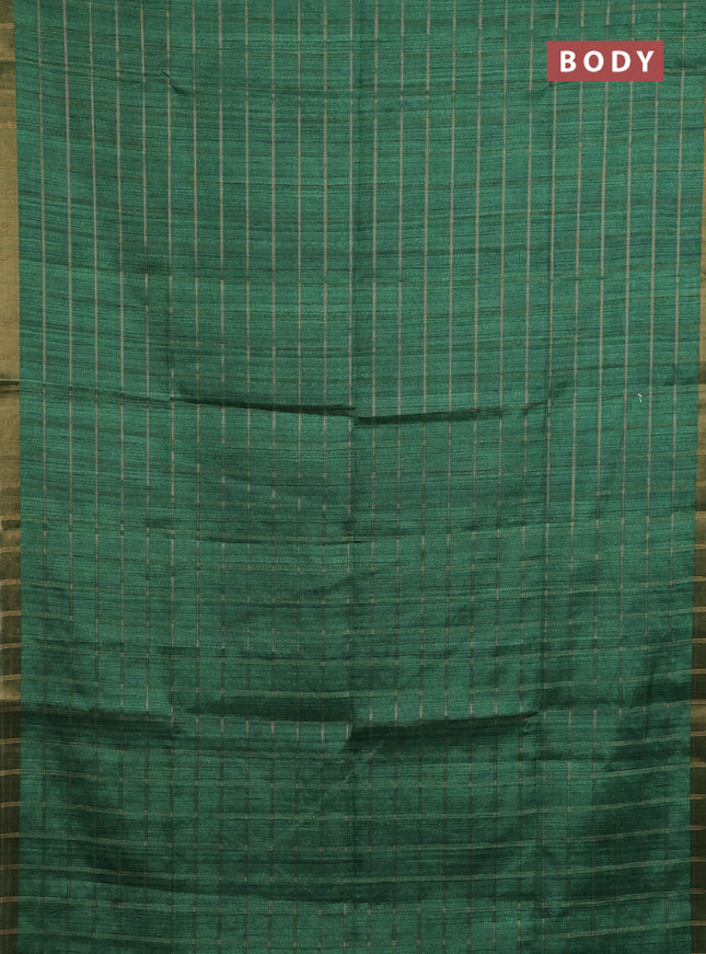 Semi tussar saree green and beige with allover zari checked pattern and kalamkari printed pallu
