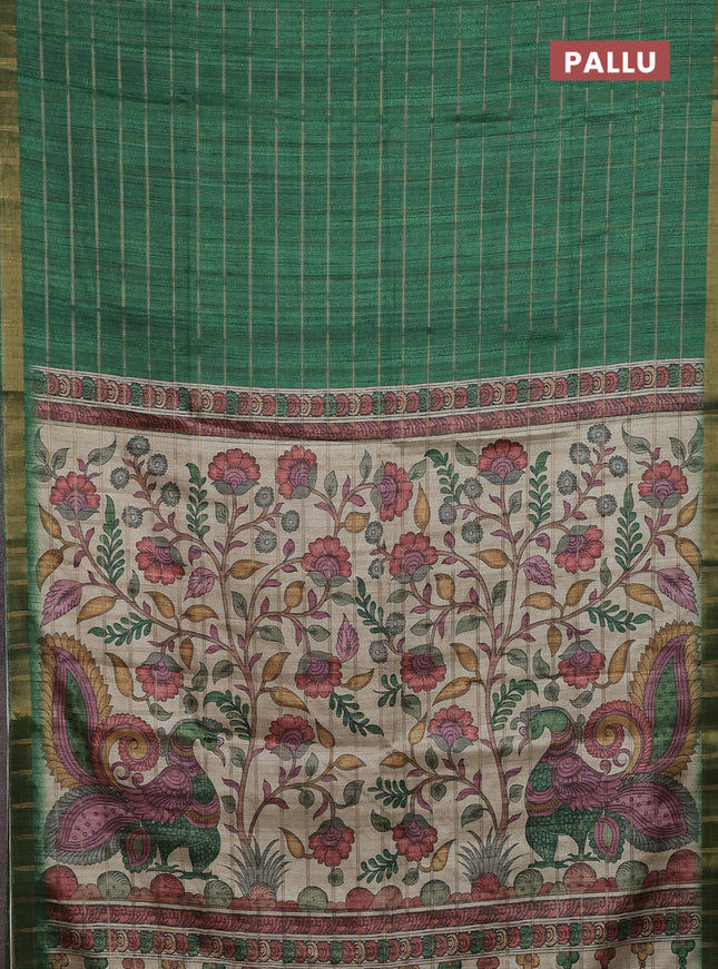 Semi tussar saree green and beige with allover zari checked pattern and kalamkari printed pallu