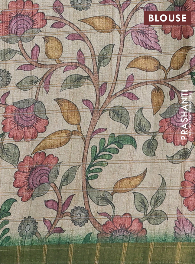 Semi tussar saree green and beige with allover zari checked pattern and kalamkari printed pallu