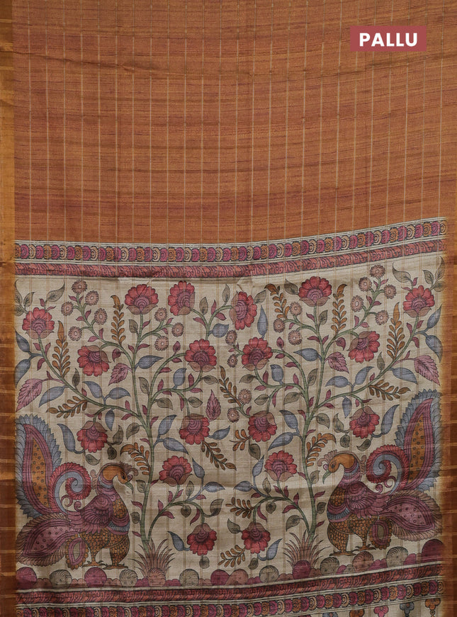 Semi tussar saree mustard yellow and beige with allover zari checked pattern and kalamkari printed pallu