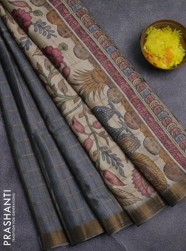 Semi tussar saree grey and beige with allover zari checked pattern and kalamkari printed pallu
