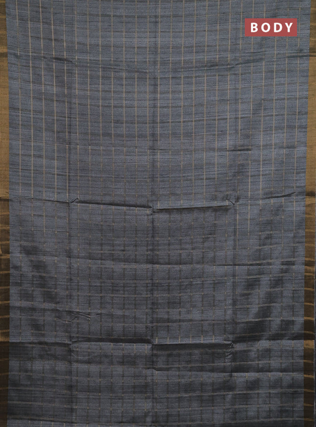 Semi tussar saree grey and beige with allover zari checked pattern and kalamkari printed pallu