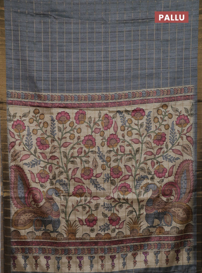 Semi tussar saree grey and beige with allover zari checked pattern and kalamkari printed pallu