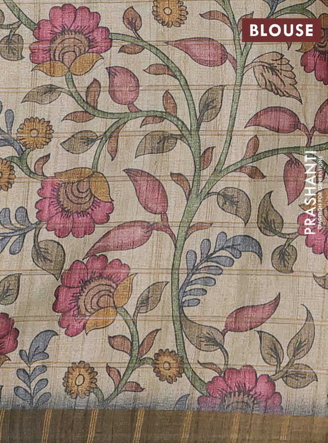 Semi tussar saree grey and beige with allover zari checked pattern and kalamkari printed pallu