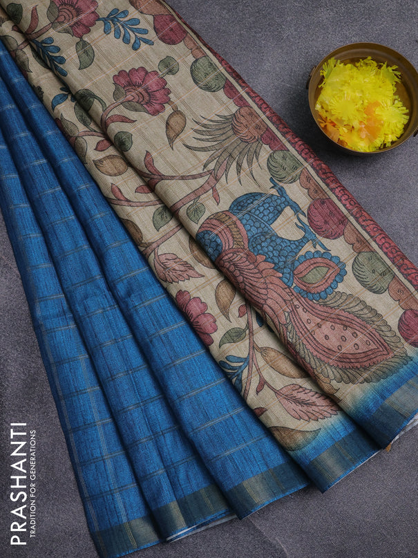 Semi tussar saree cs blue and beige with allover zari checked pattern and kalamkari printed pallu