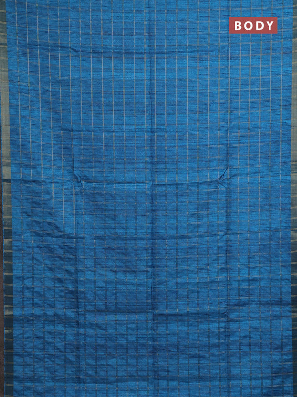 Semi tussar saree cs blue and beige with allover zari checked pattern and kalamkari printed pallu
