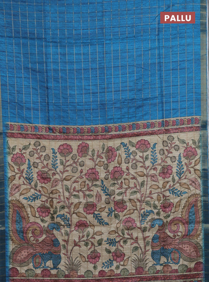Semi tussar saree cs blue and beige with allover zari checked pattern and kalamkari printed pallu