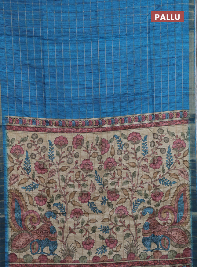 Semi tussar saree cs blue and beige with allover zari checked pattern and kalamkari printed pallu