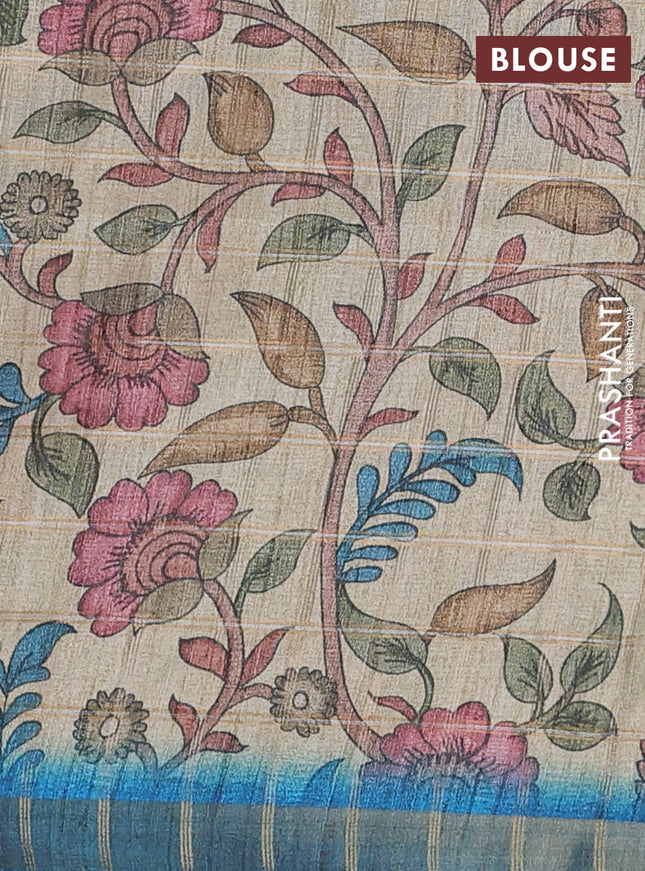 Semi tussar saree cs blue and beige with allover zari checked pattern and kalamkari printed pallu