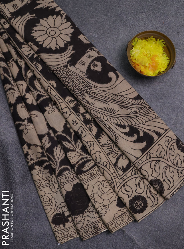 Kalamkari cotton saree black and beige with allover prints and printed border