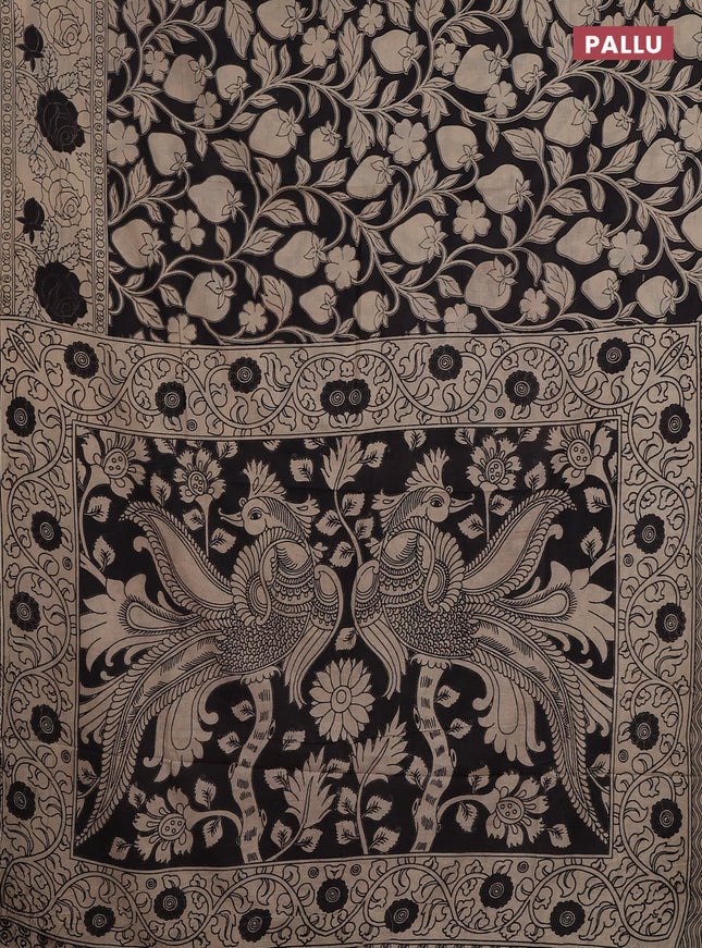 Kalamkari cotton saree black and beige with allover prints and printed border