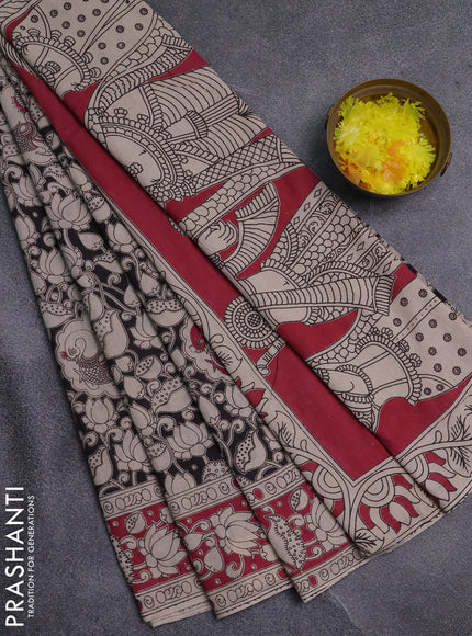 Kalamkari cotton saree black and pink with allover prints and printed border