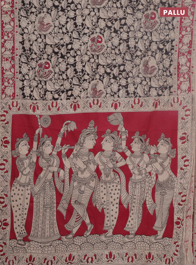 Kalamkari cotton saree black and pink with allover prints and printed border