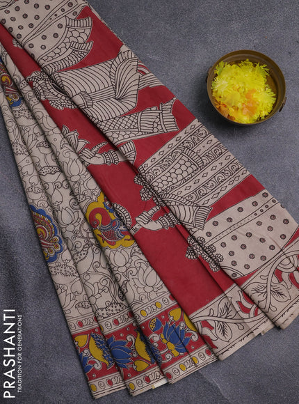 Kalamkari cotton saree beige and maroon with allover prints and printed border