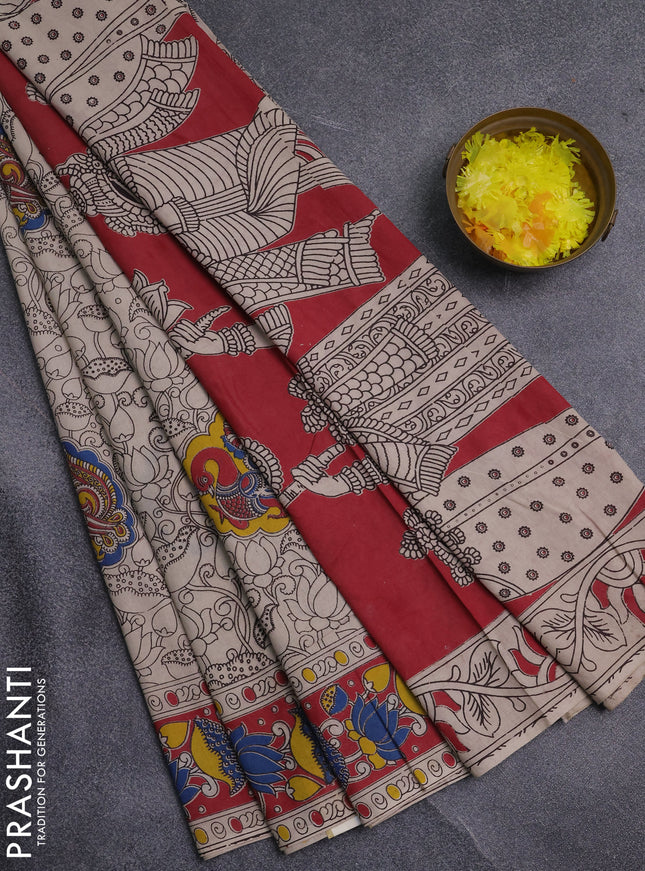 Kalamkari cotton saree beige and maroon with allover prints and printed border