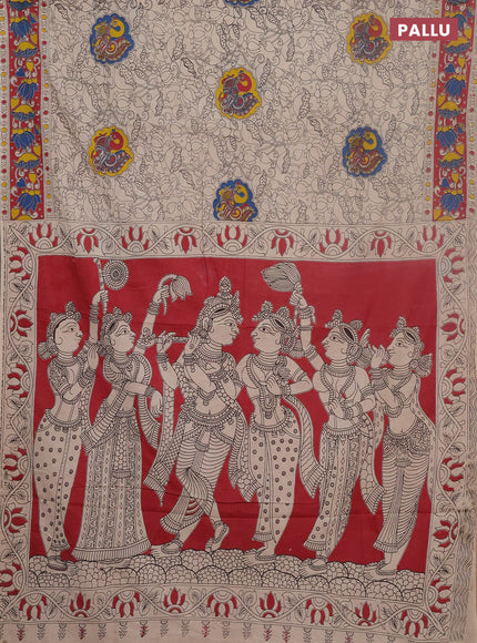 Kalamkari cotton saree beige and maroon with allover prints and printed border
