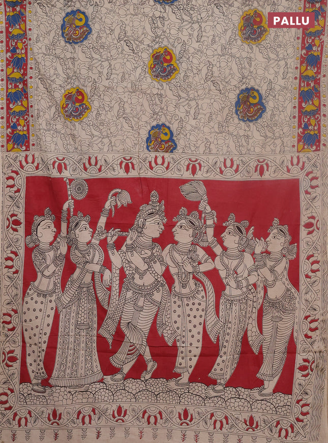 Kalamkari cotton saree beige and maroon with allover prints and printed border