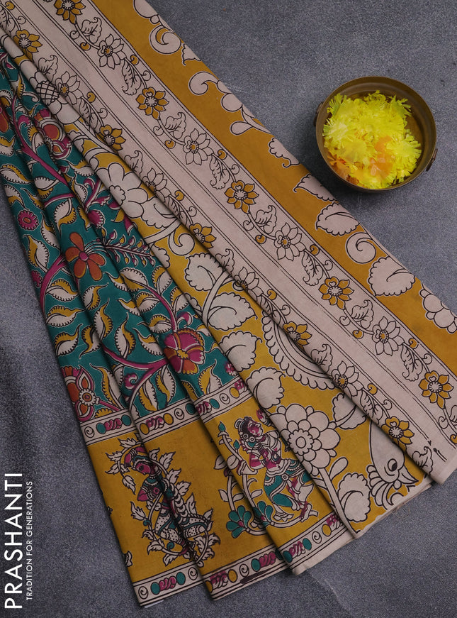 Kalamkari cotton saree teal green and yellow with allover prints and printed border