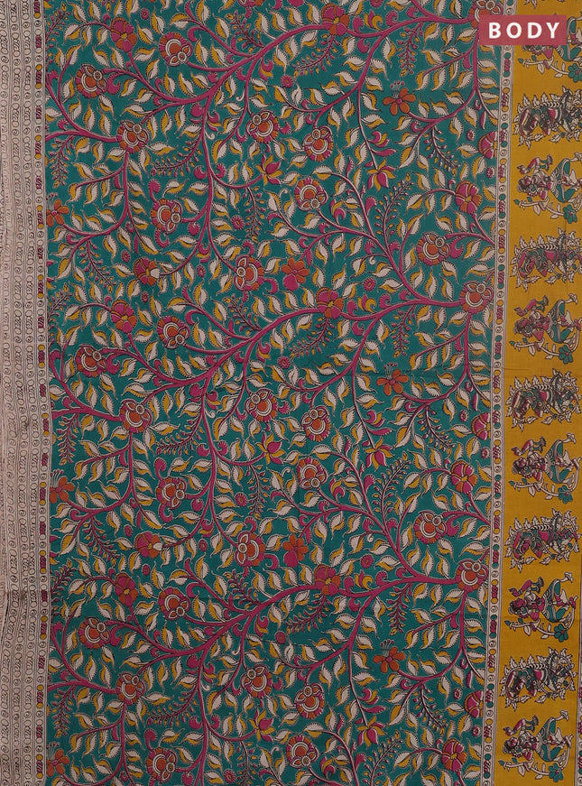 Kalamkari cotton saree teal green and yellow with allover prints and printed border