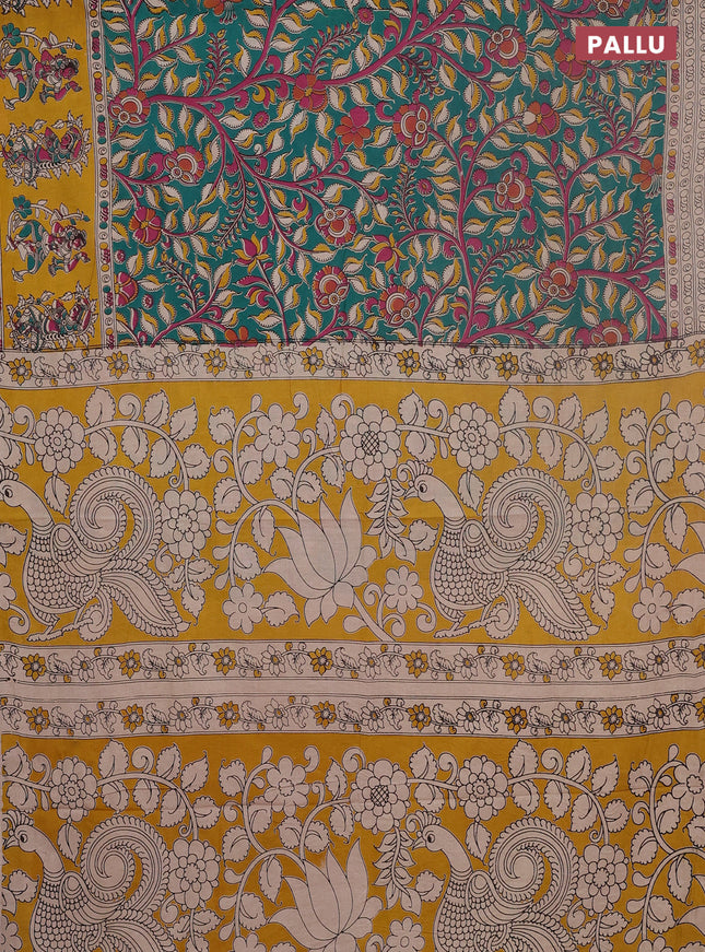 Kalamkari cotton saree teal green and yellow with allover prints and printed border