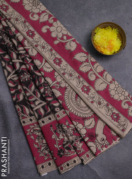 Kalamkari cotton saree black and pink with allover prints and printed border